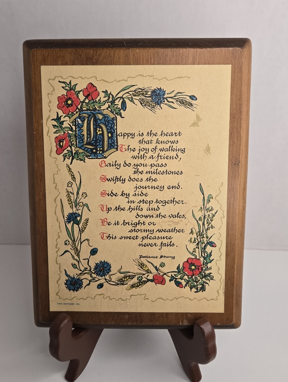 Vintage Cape Craftsman Wooden Wood Wall Plaque Happy Is The Heart...5.5"x 7 3/8"